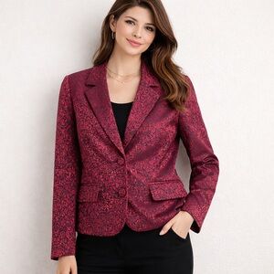 Womens Blazer 14P Red Black Brocade Cropped Jacket Gothic Floral Dark Academia